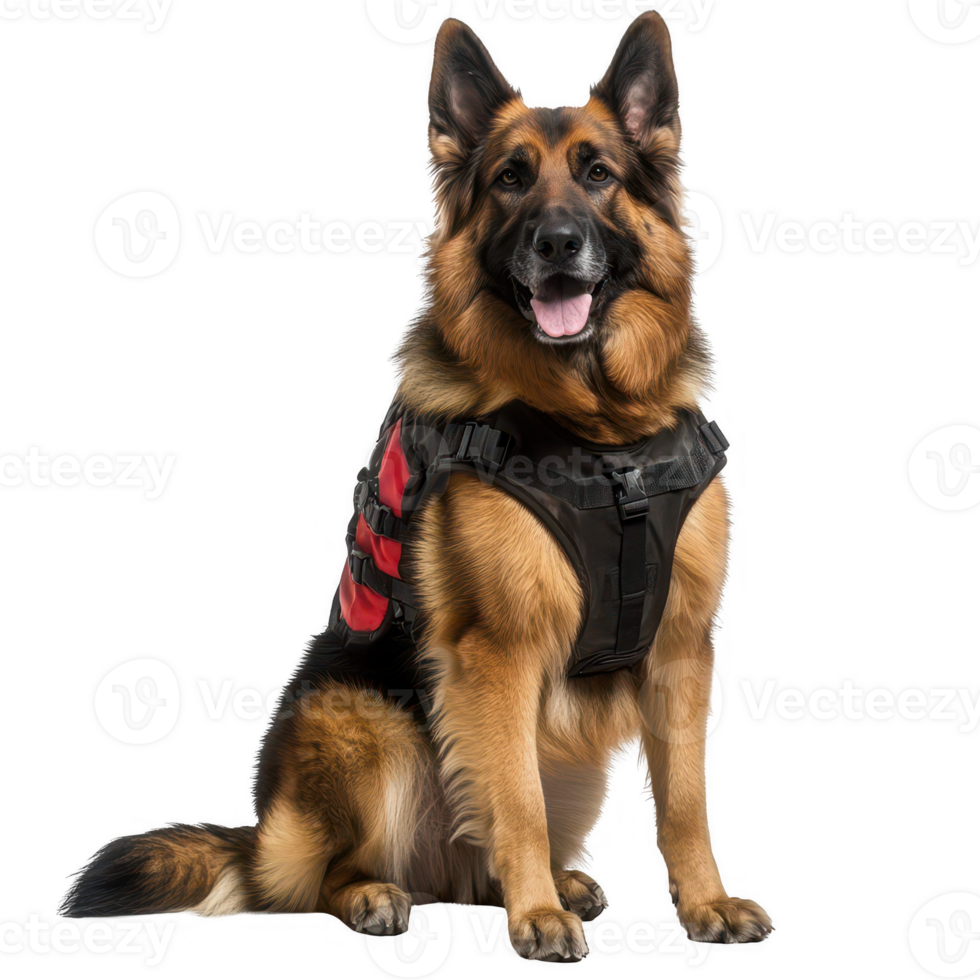 Smiling German Shepherd dog in a protective harness, ready for action and companionship. png