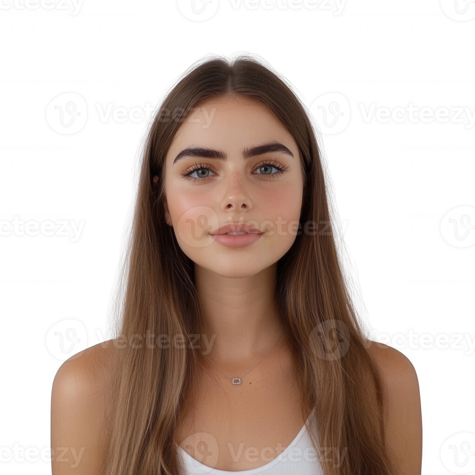 Portrait of a young woman with long hair and natural makeup, smiling softly at the camera. png