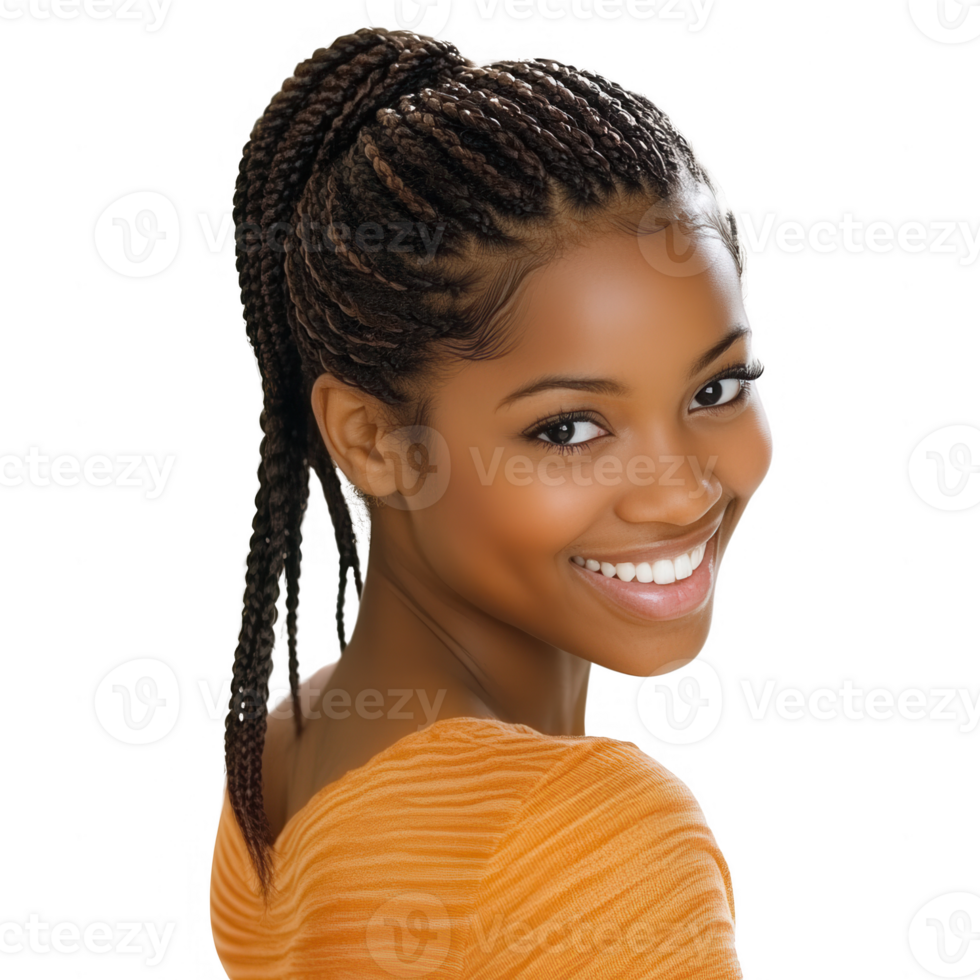 Cheerful young woman with braids smiling and looking over her shoulder. png