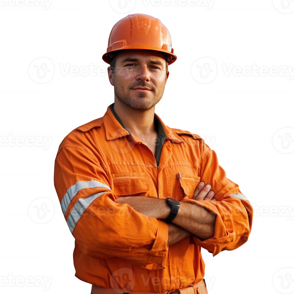 Confident worker in orange uniform with helmet, showcasing dedication and professionalism. png
