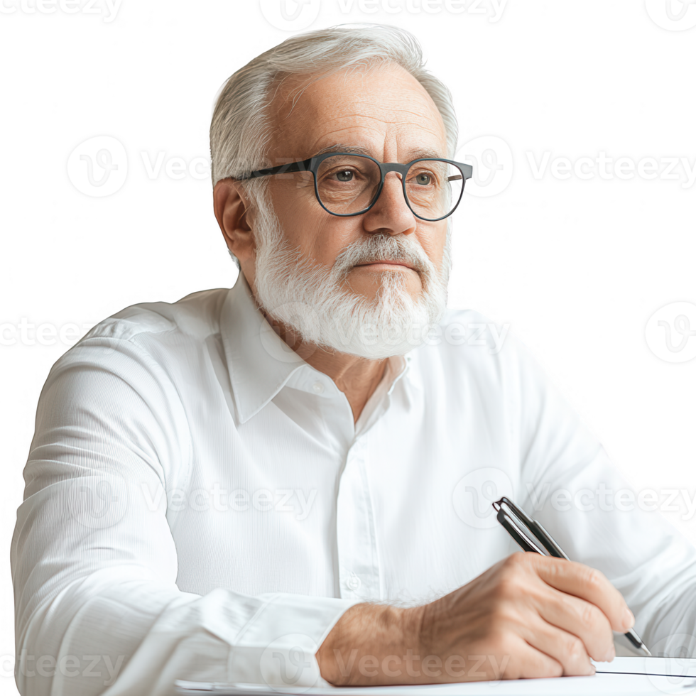 Thoughtful elderly man writing notes with a pen, reflecting on life experiences. png