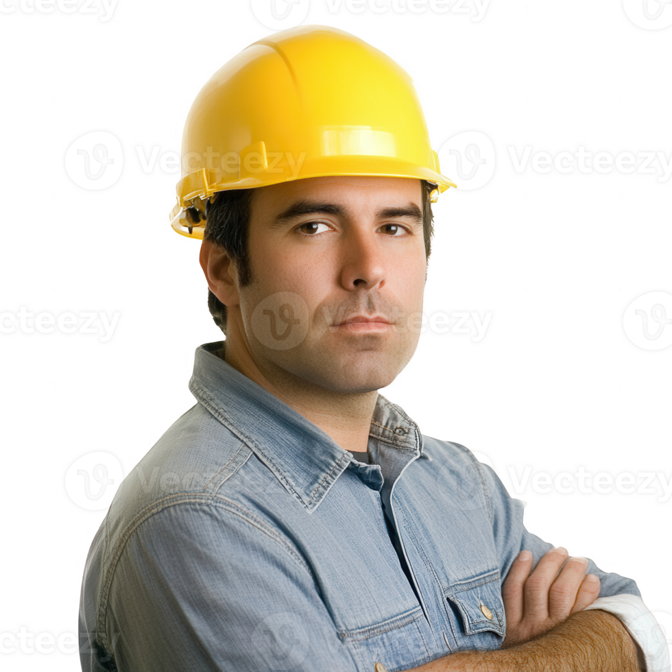 Confident construction worker ready to tackle projects in safety gear and yellow hard hat. png