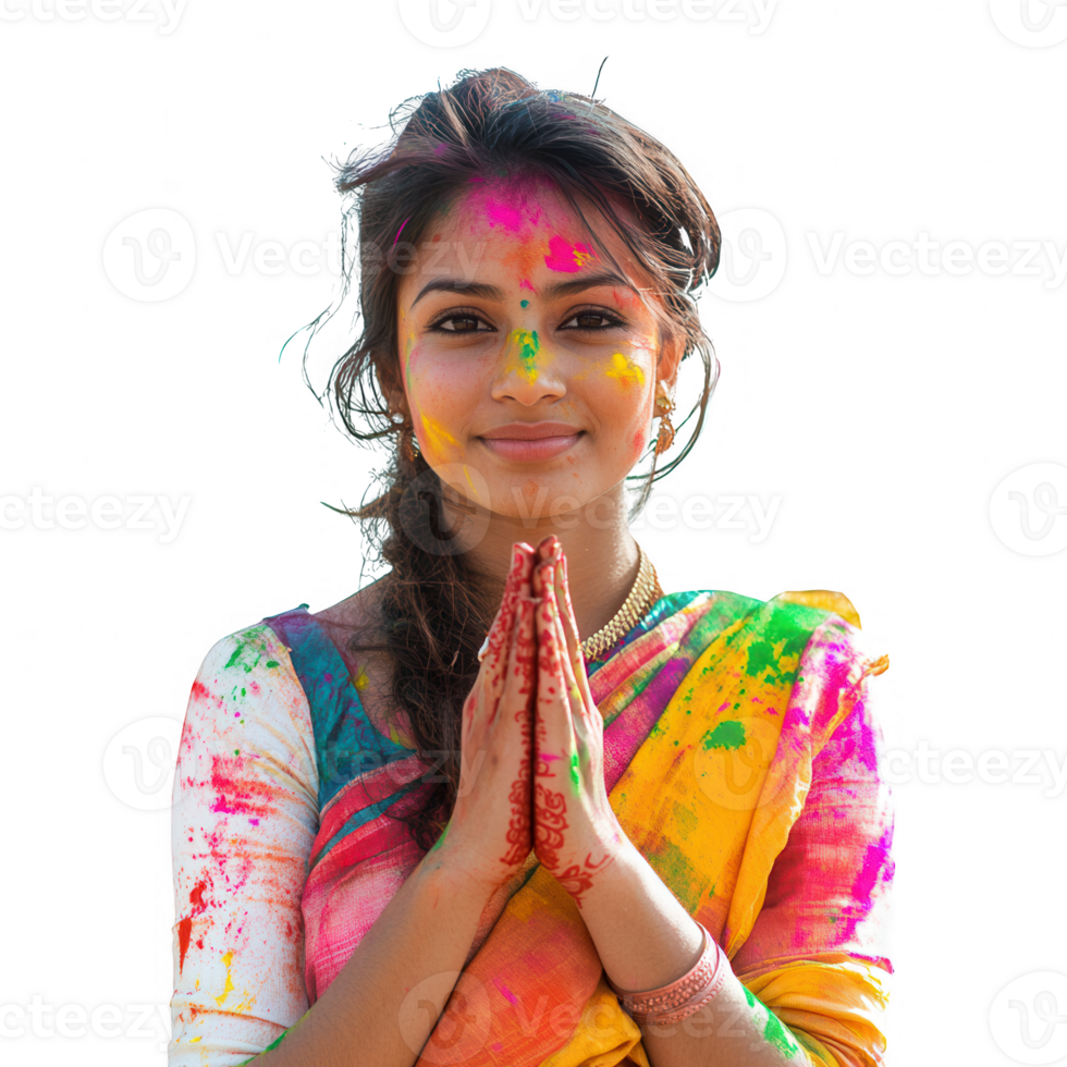 A woman celebrating Holi with colorful powders, showcasing joy and cultural tradition. png
