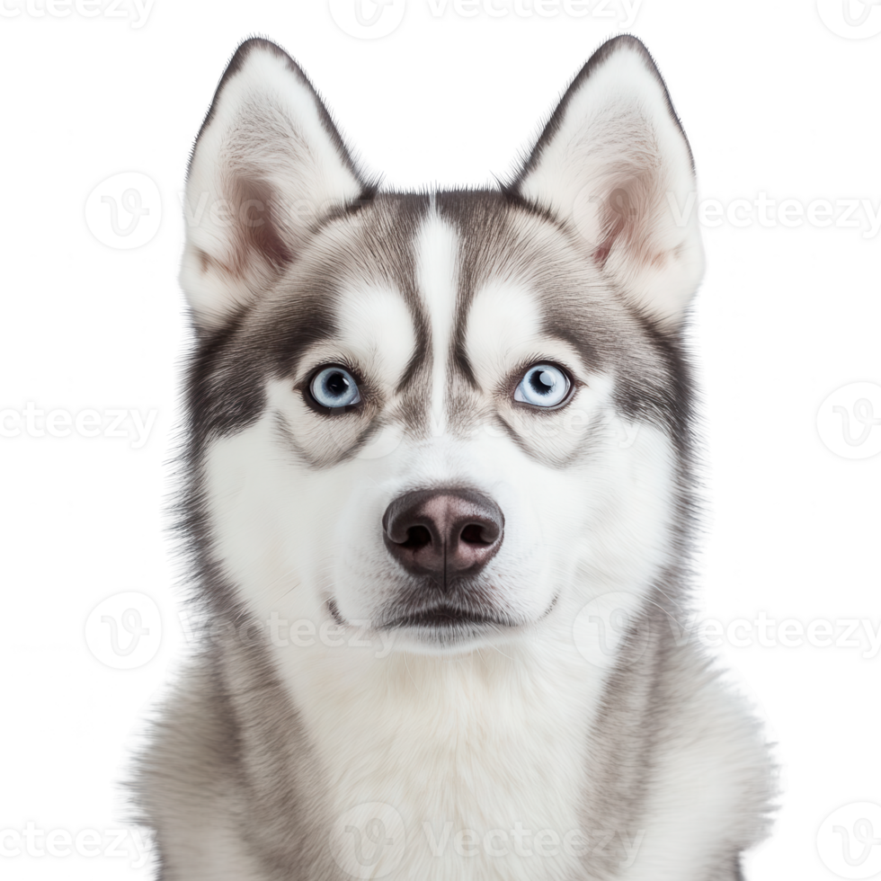 Close-up of a majestic Siberian Husky with striking blue eyes and a fluffy coat. png