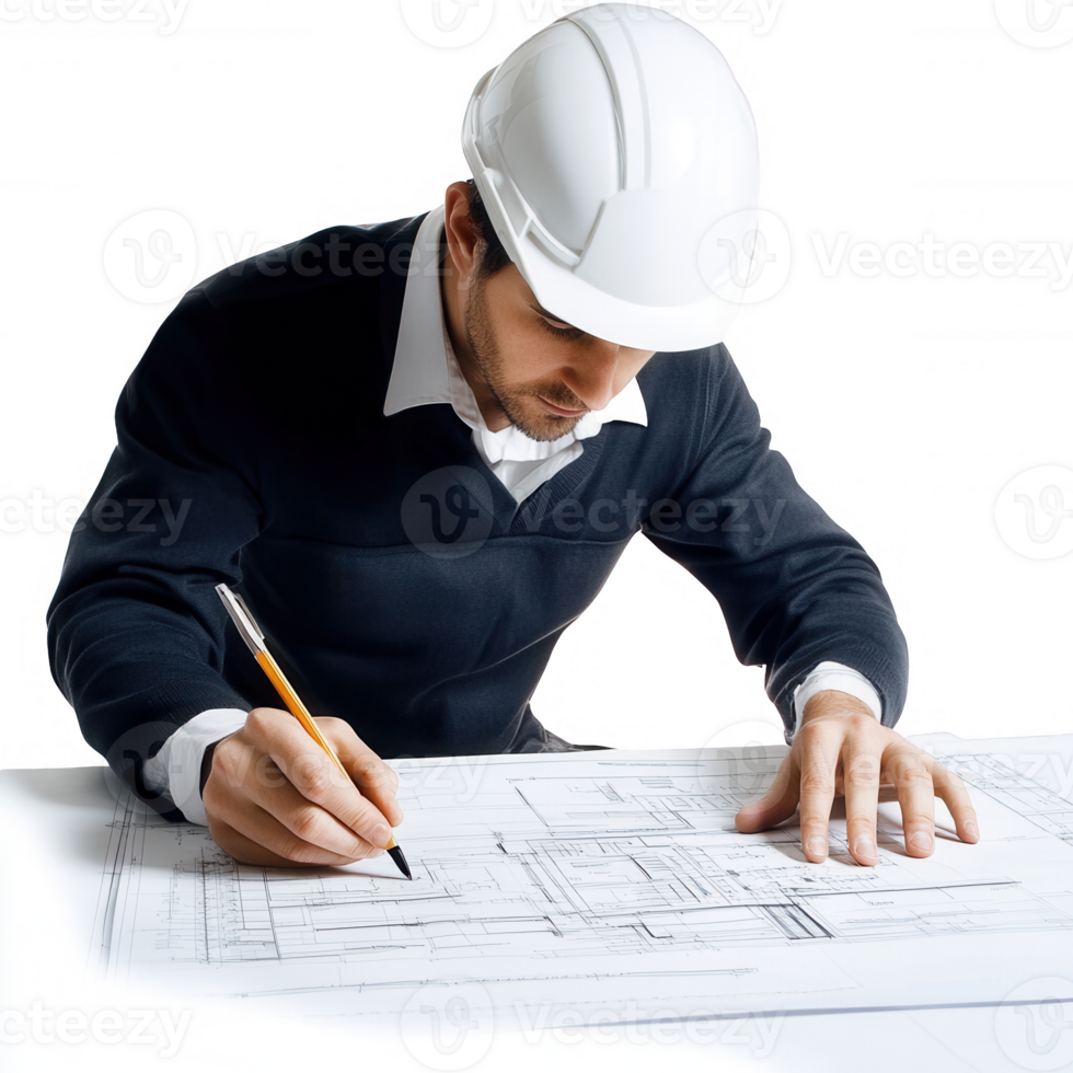 An architect meticulously designing blueprints with focus and precision. png