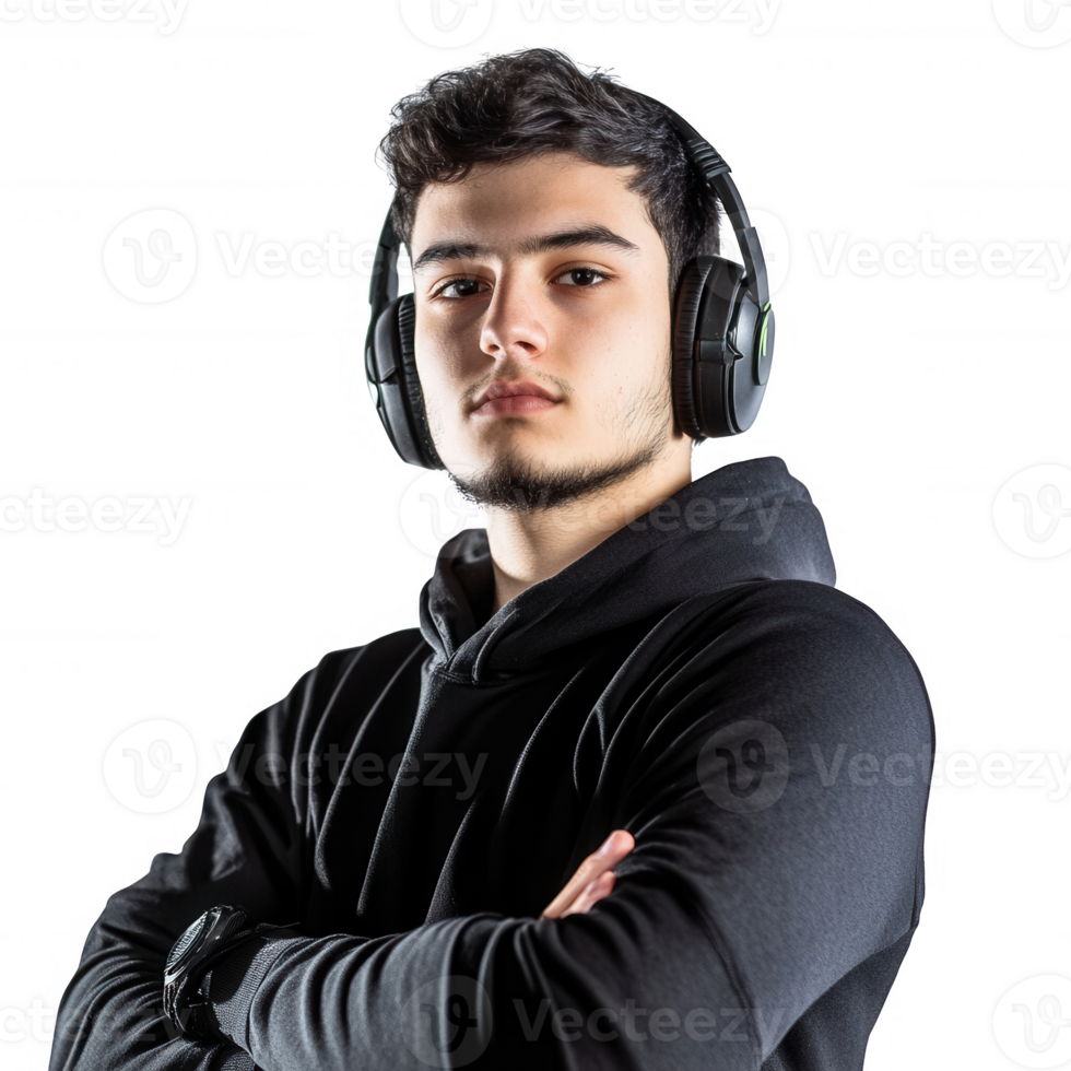 Young man wearing headphones, exuding confidence in a stylish black hoodie. png