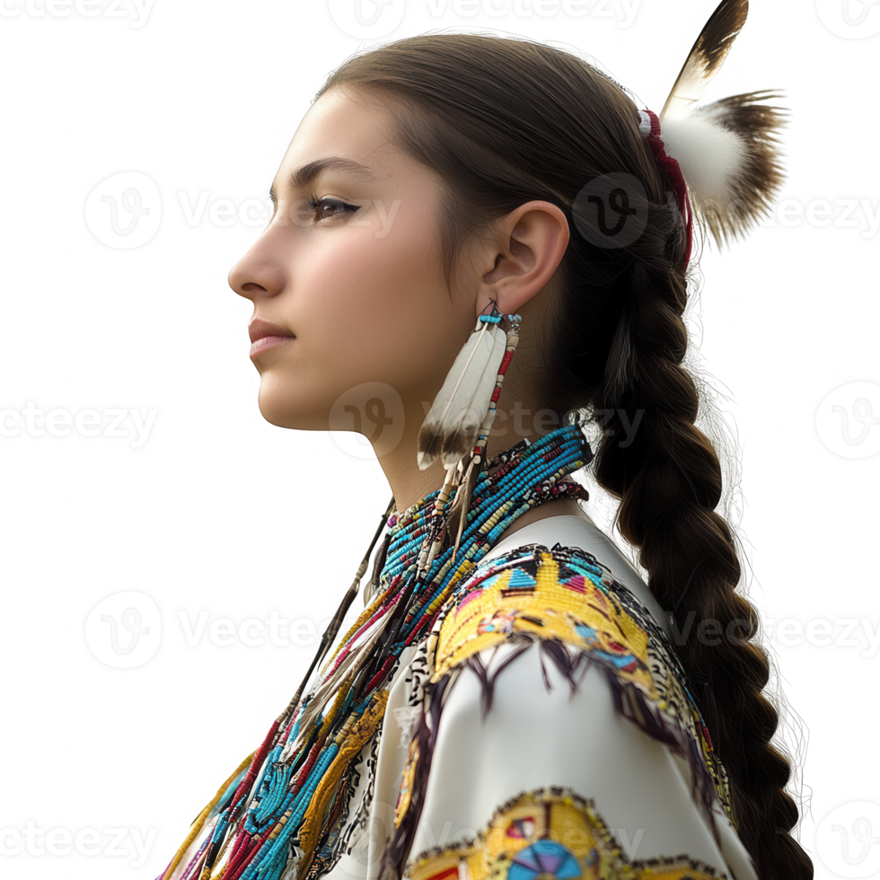 Profile of a young woman in traditional attire showcasing cultural heritage and pride. png