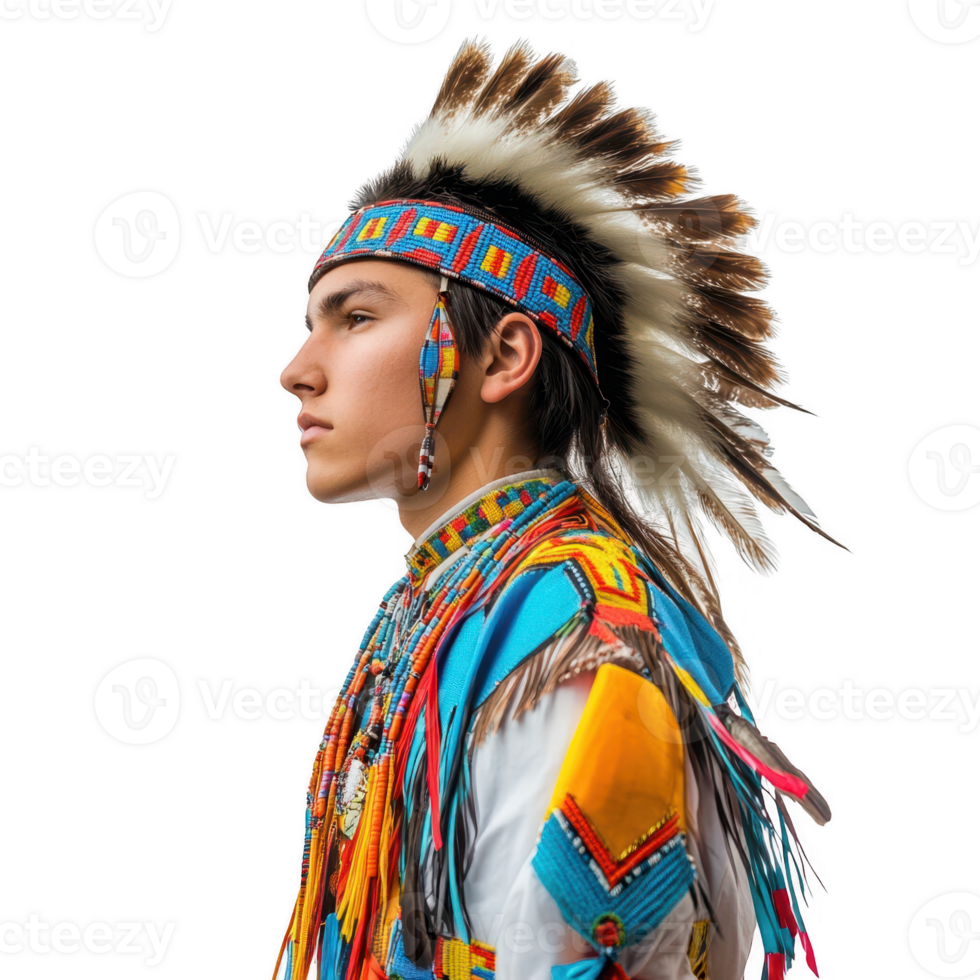 A young Indigenous man in traditional attire displaying cultural pride and heritage. png