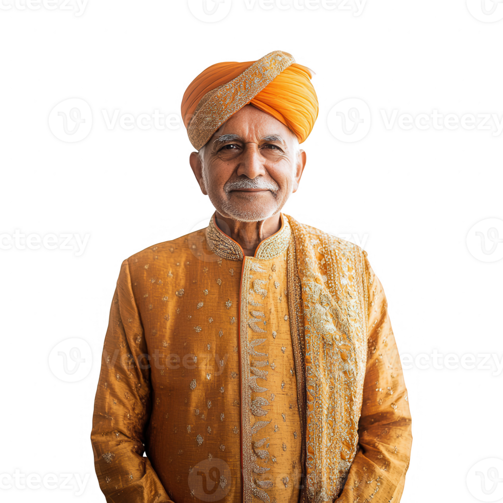 Portrait of an elderly man in traditional attire with a bright smile and vibrant turban. png