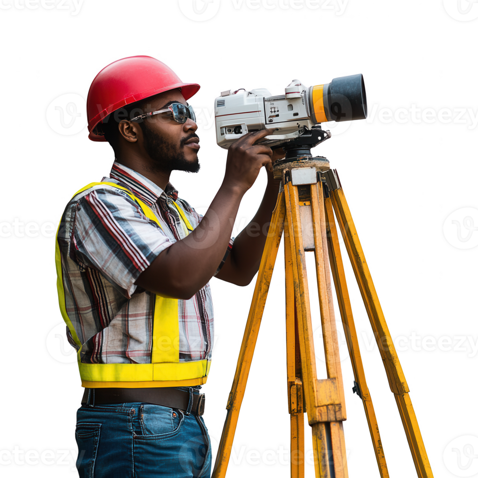 Surveyor using a theodolite for accurate land measurements at a construction site. png