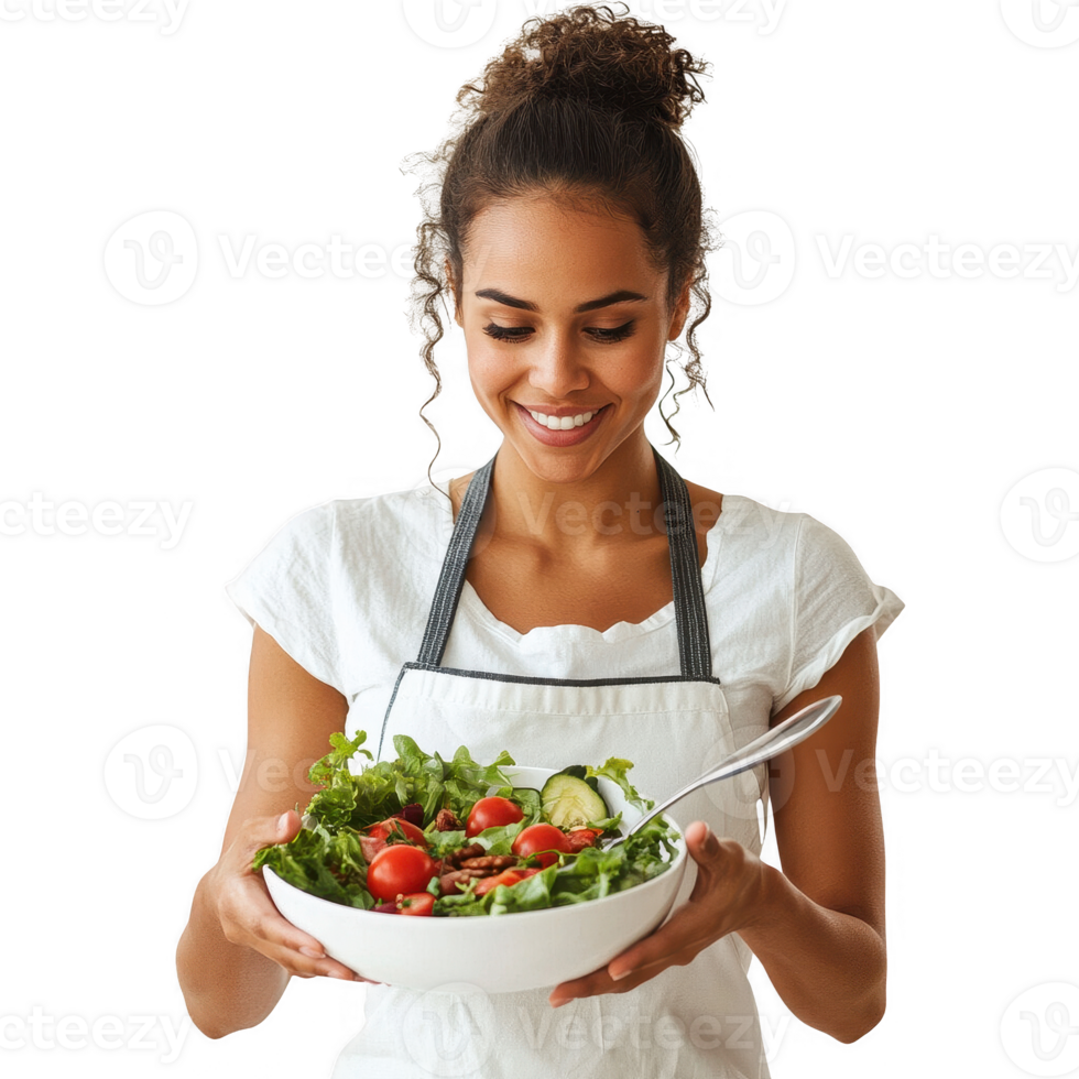 Happy woman enjoying a fresh salad prepared with vibrant vegetables. png