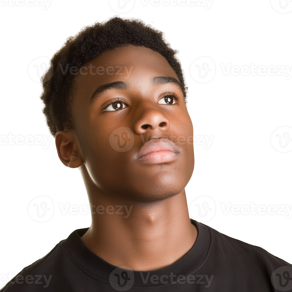 A thoughtful young man gazing upward with a contemplative expression. png