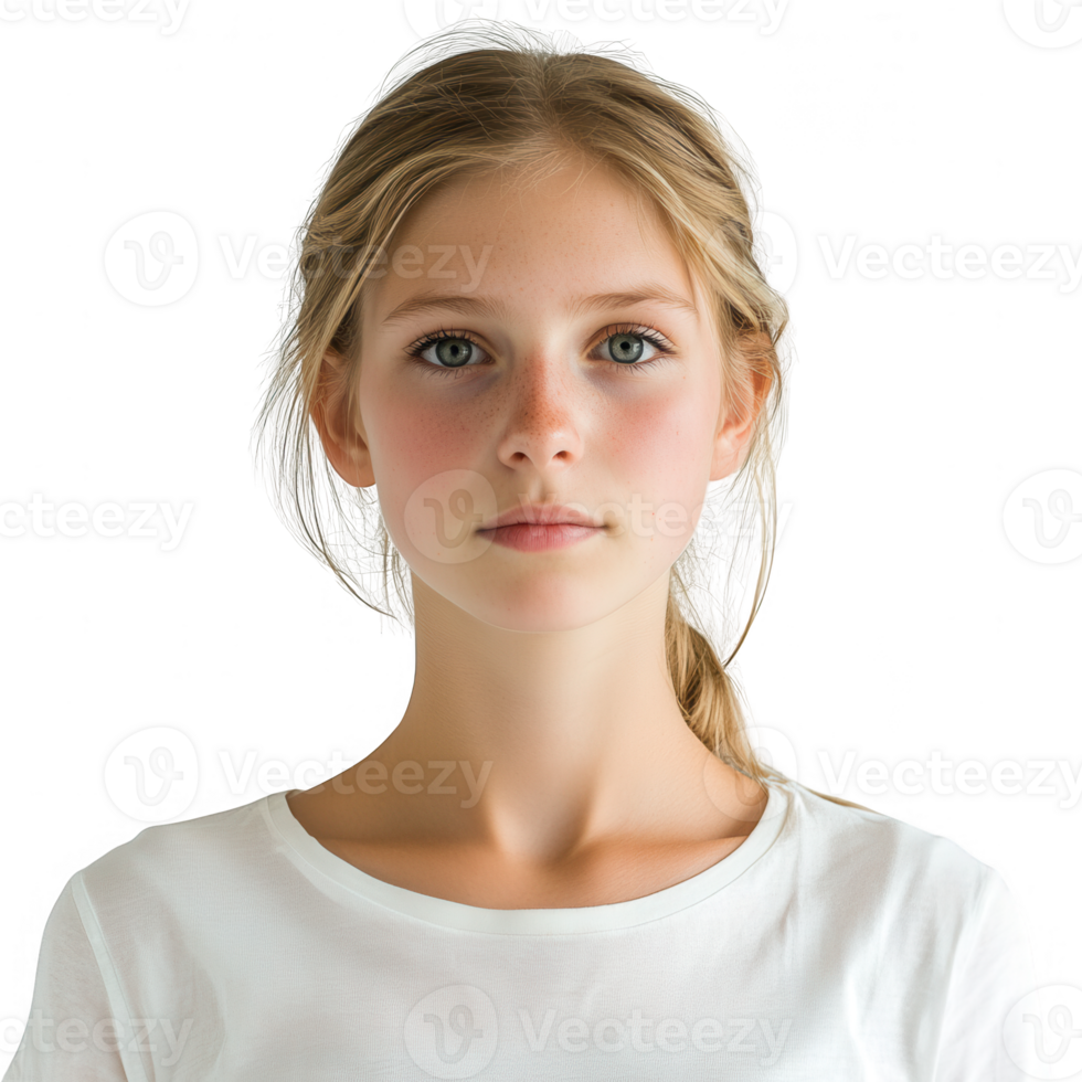 Portrait of a young girl with a natural expression on a neutral background. png