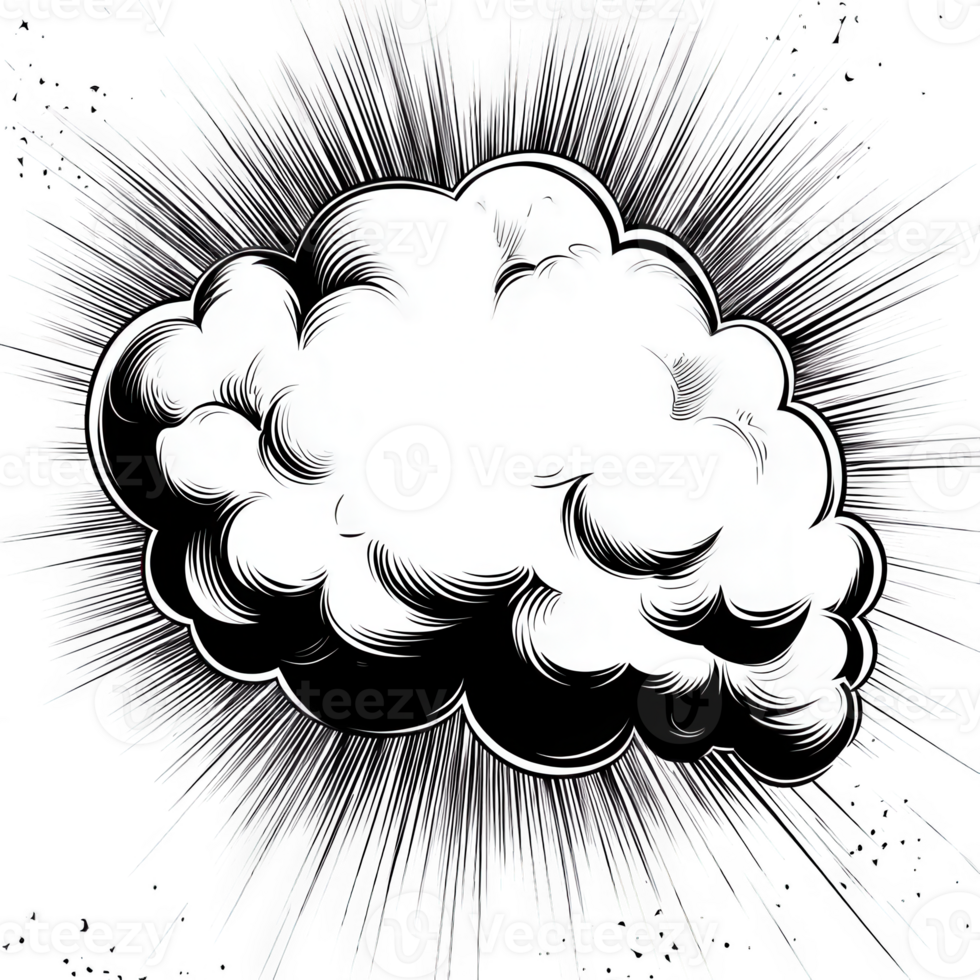 A striking black and white illustration of a cloud with dynamic explosion effects. png