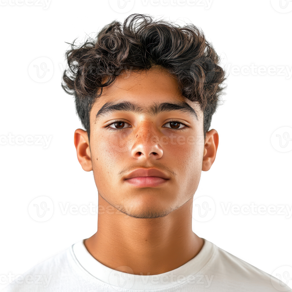 A young man with curly hair, wearing a plain white shirt, serious expression. png