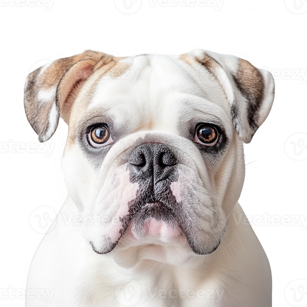 Close-up portrait of a charming bulldog with expressive eyes, showcasing its unique features. png