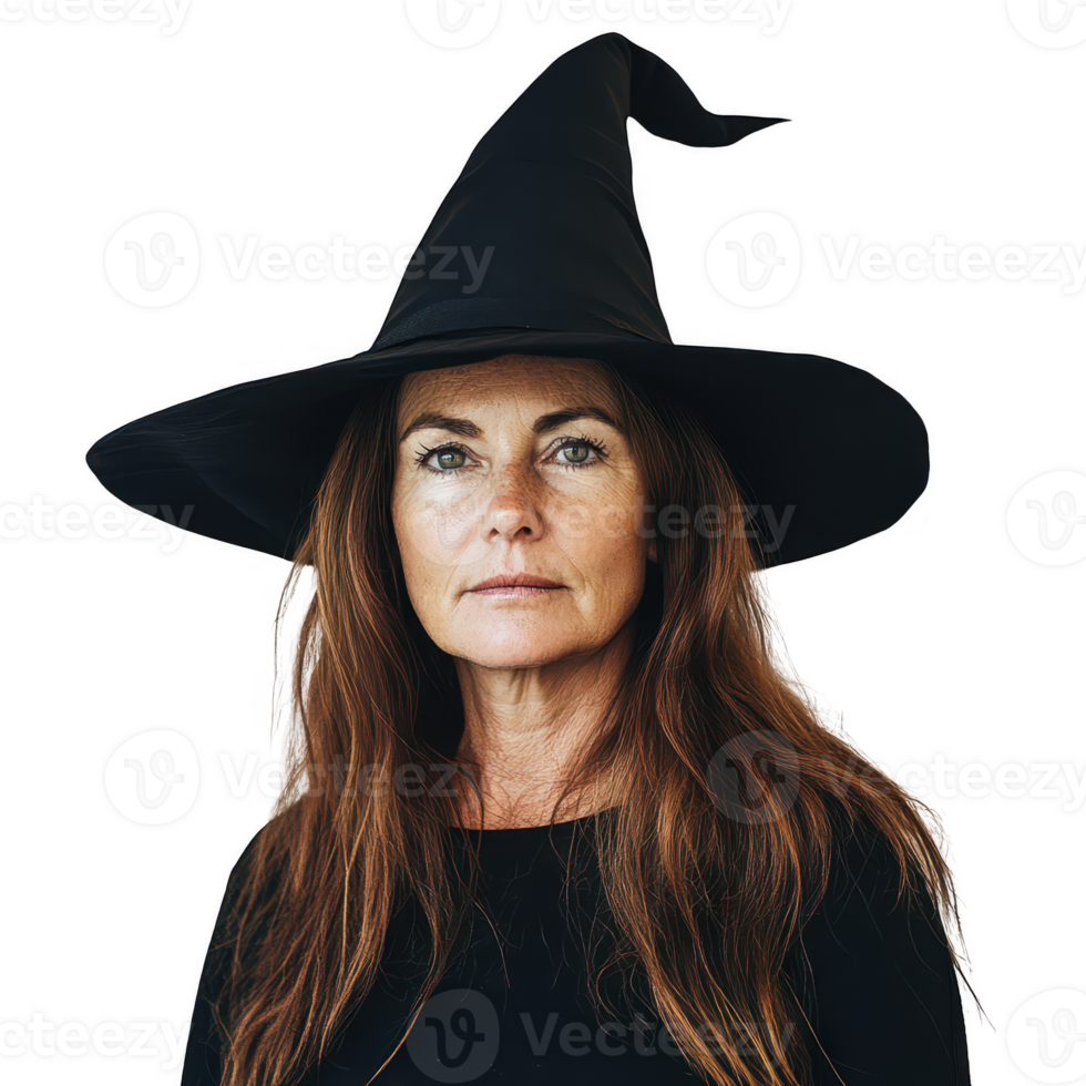 A woman elegantly wears a black witch hat, embodying a mystical and magical vibe. png
