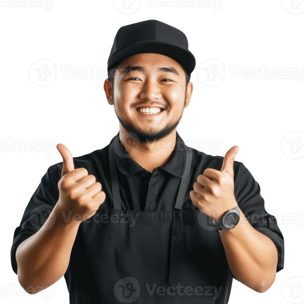 Smiling man in uniform showing thumbs up against a white background. png