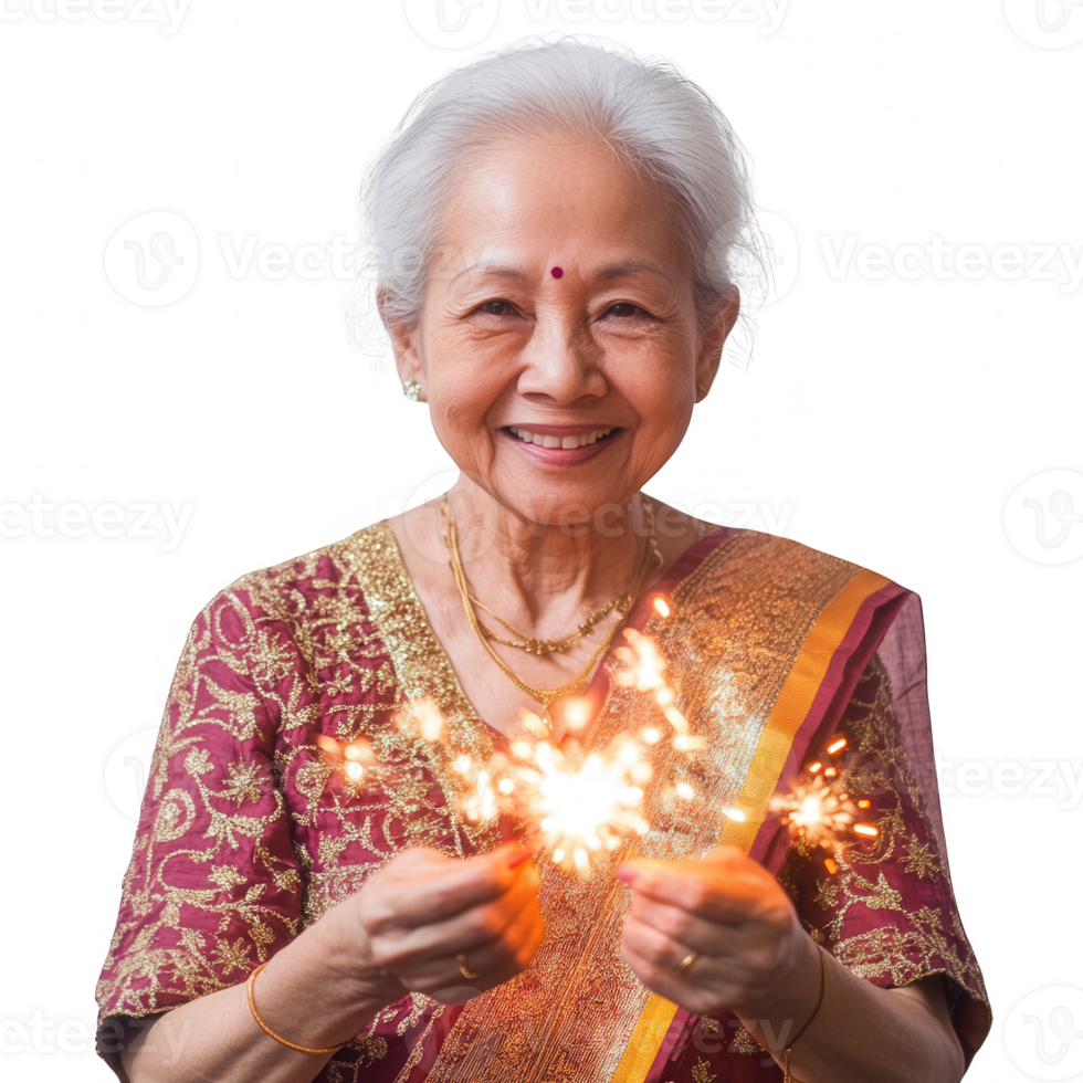 Joyful elderly woman celebrating with sparkler in traditional attire, showcasing happiness. png