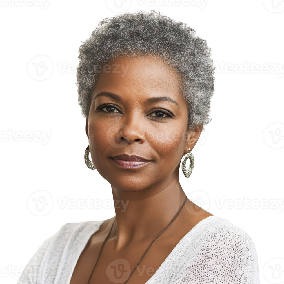 Confident woman with short gray hair, wearing a white top, exuding strength and grace. png