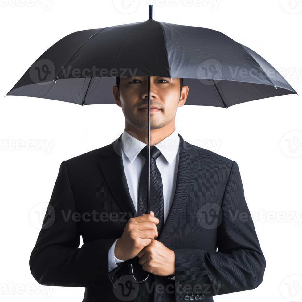 Businessman holding a black umbrella while dressed in a suit, ready for any challenge. png