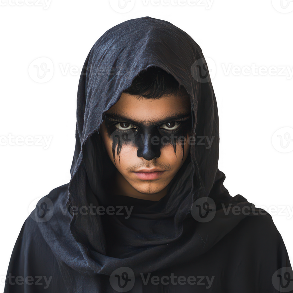 A striking portrait of a figure shrouded in darkness and mystique. png
