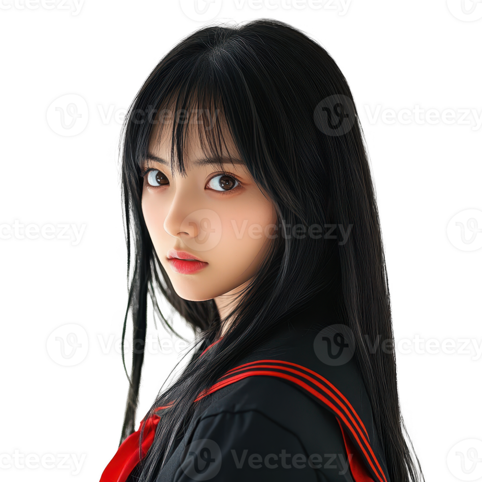 A young woman in a school uniform gazes thoughtfully towards the camera. png
