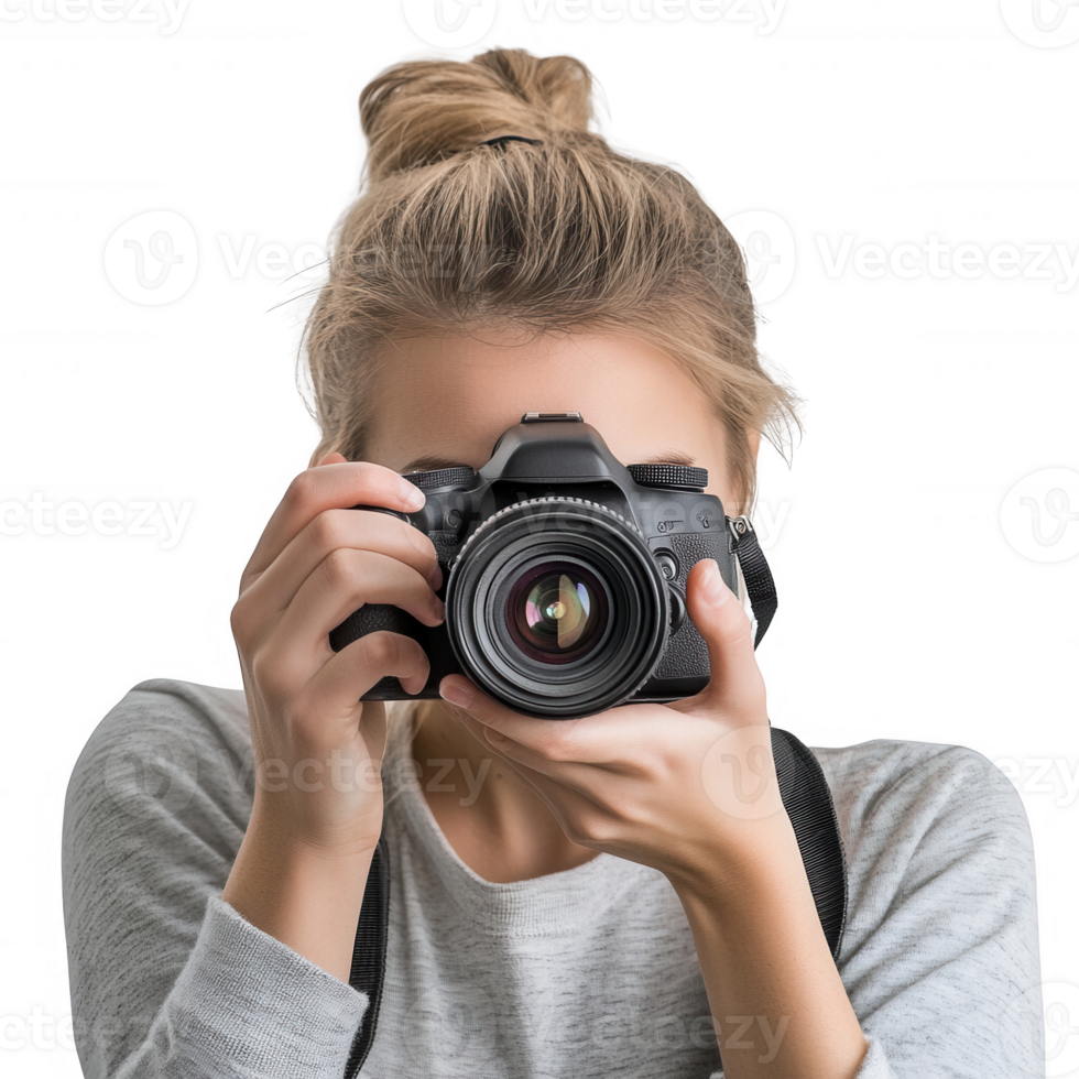 A young woman takes a photo with a professional camera, capturing precious moments. png