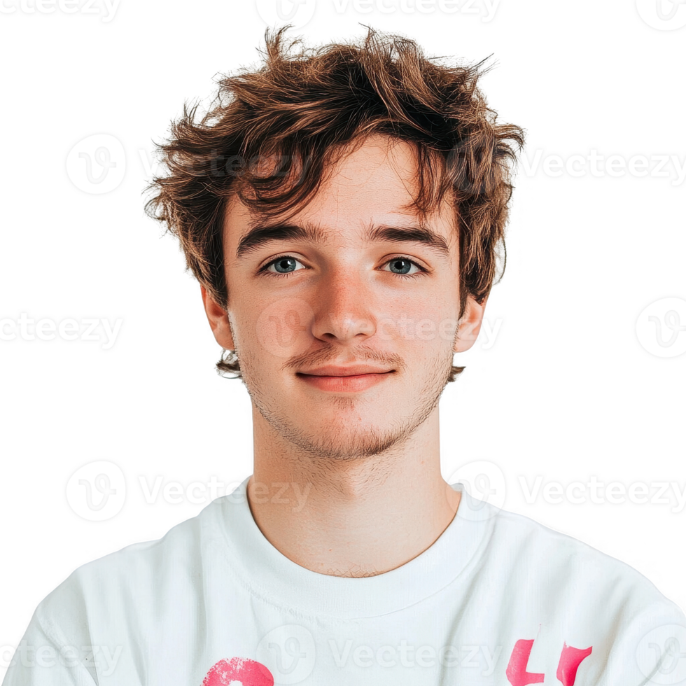 A young man with curly hair smiling confidently at the camera. png