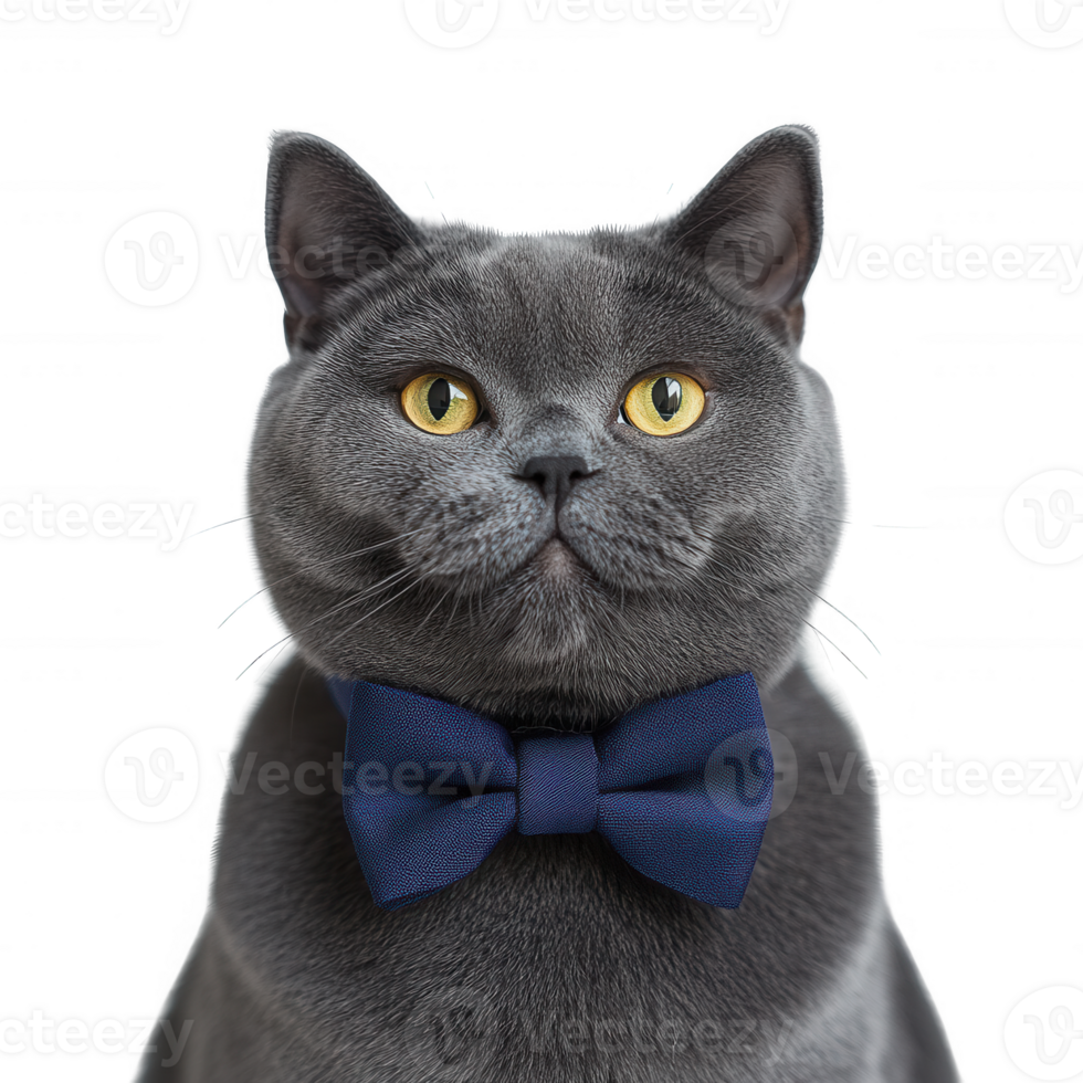 A stylish gray cat wearing a bow tie, exuding charm and elegance. png