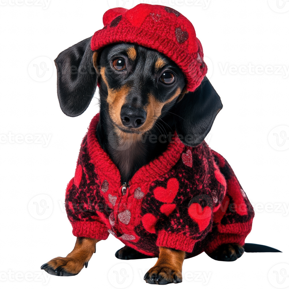 Adorable dachshund wearing a red sweater and hat decorated with hearts. png