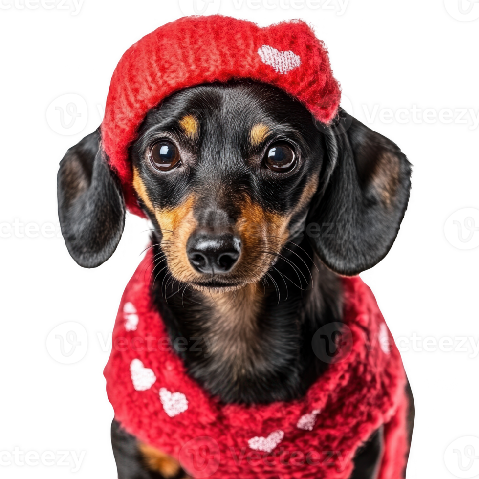 Cute dog in a red outfit with heart patterns, showcasing a playful and loving personality. png