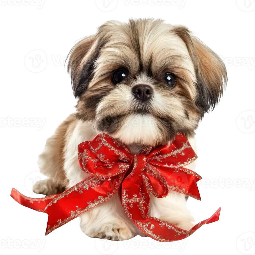 Adorable dog with a red bow, perfect for pet-related themes and seasonal content. png
