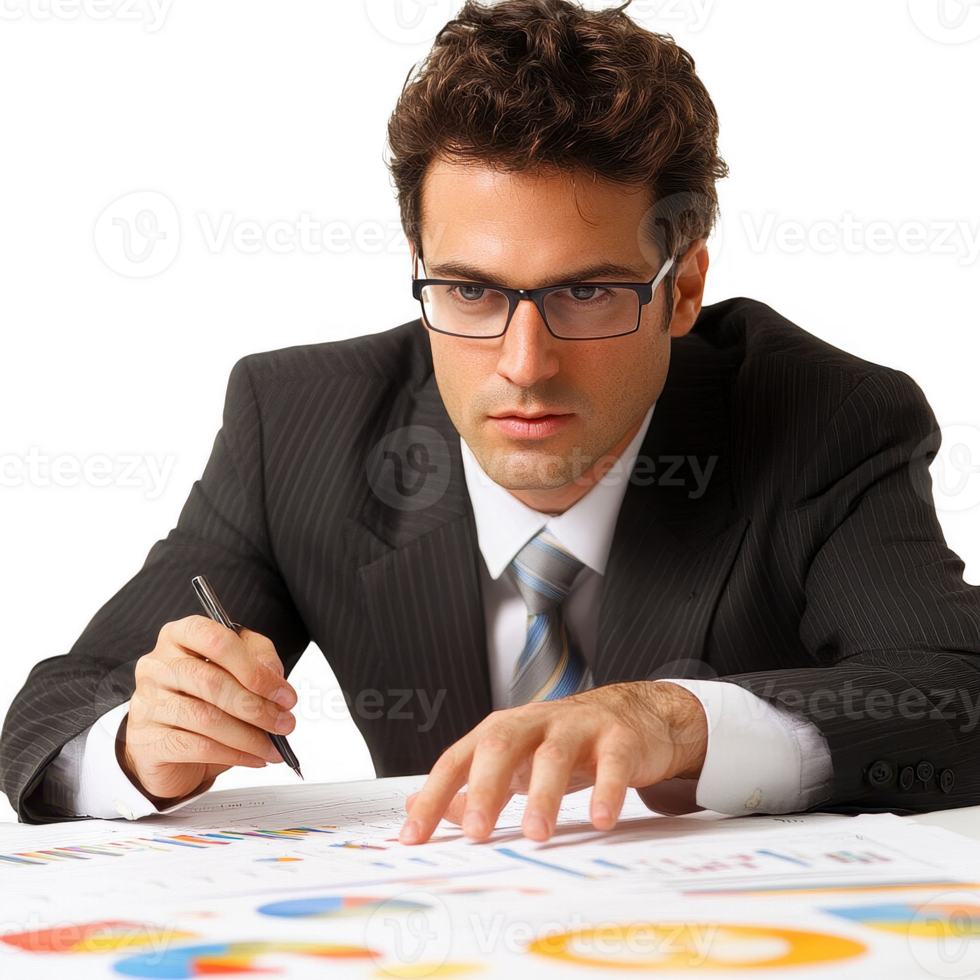 Focused businessman analyzing data charts and documents in a professional setting. png