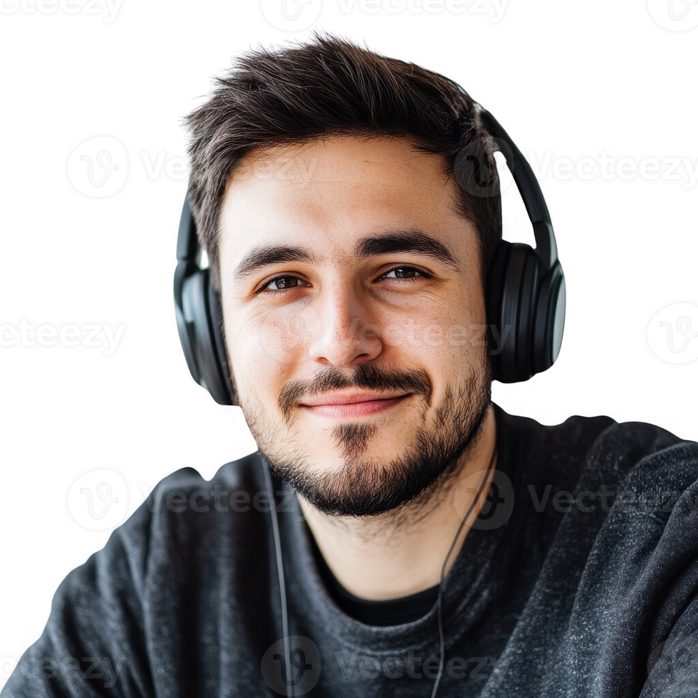 A smiling young man wearing headphones, enjoying music or a podcast in a modern setting. png