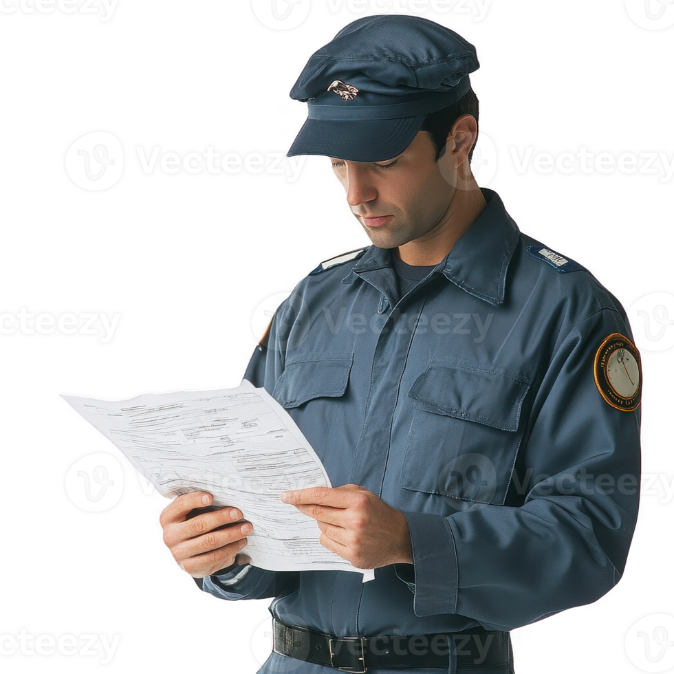 A uniformed officer reviewing documents, showcasing dedication and duty. png