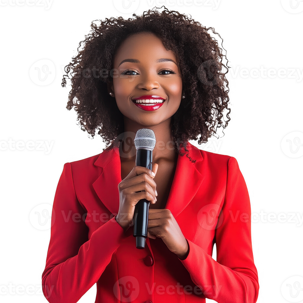 Confident woman in red suit speaking into a microphone with a bright smile. png