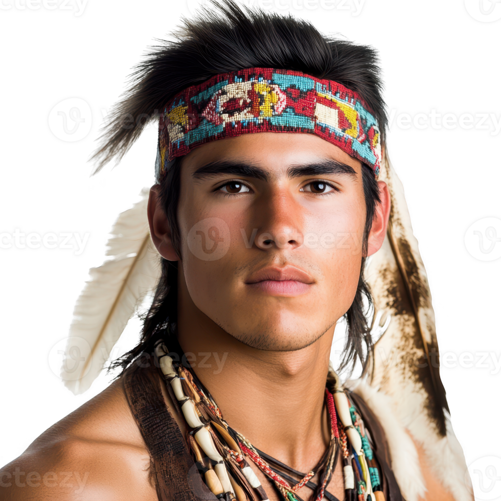 Portrait of a young man with traditional Native American attire and accessories. png