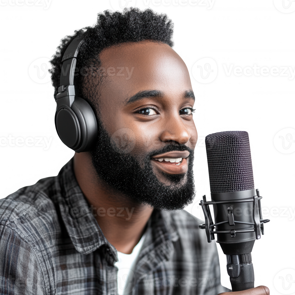 Smiling man with headphones and microphone, engaged in a creative audio project. png