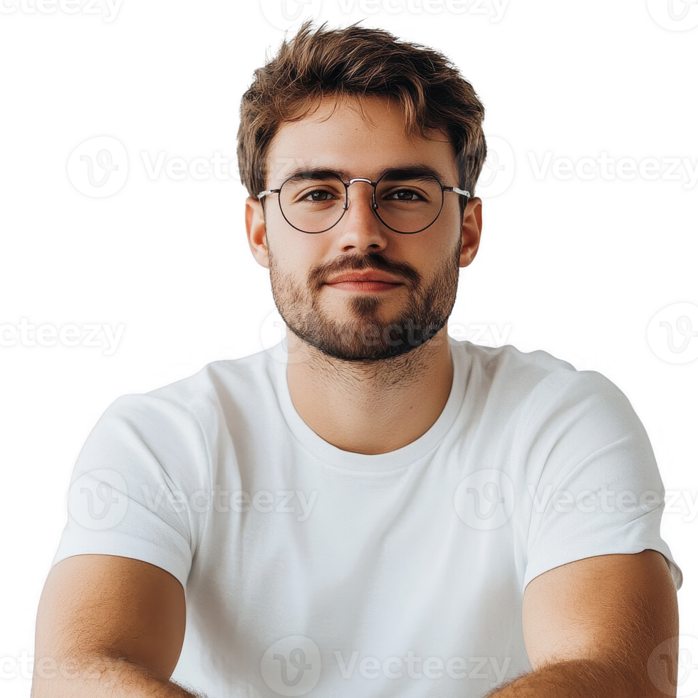 A young man with glasses, smiling confidently, showcasing a casual and modern look. png