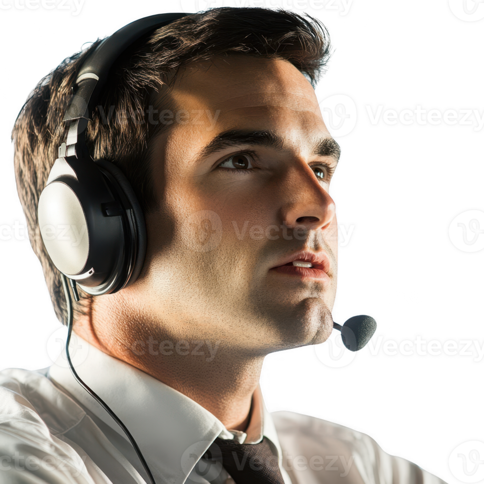 Professional man wearing headset, engaged in customer support call. png