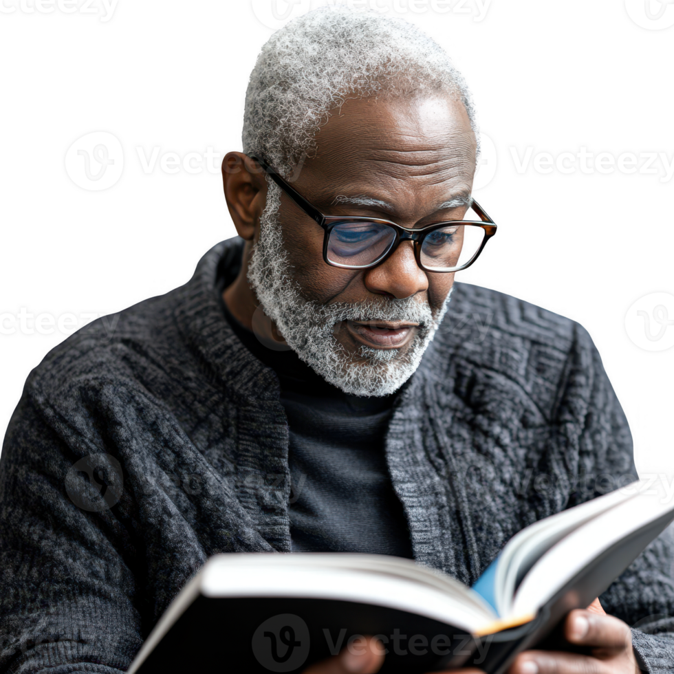 An elderly man enjoying a book, embodying wisdom and passion for reading. png