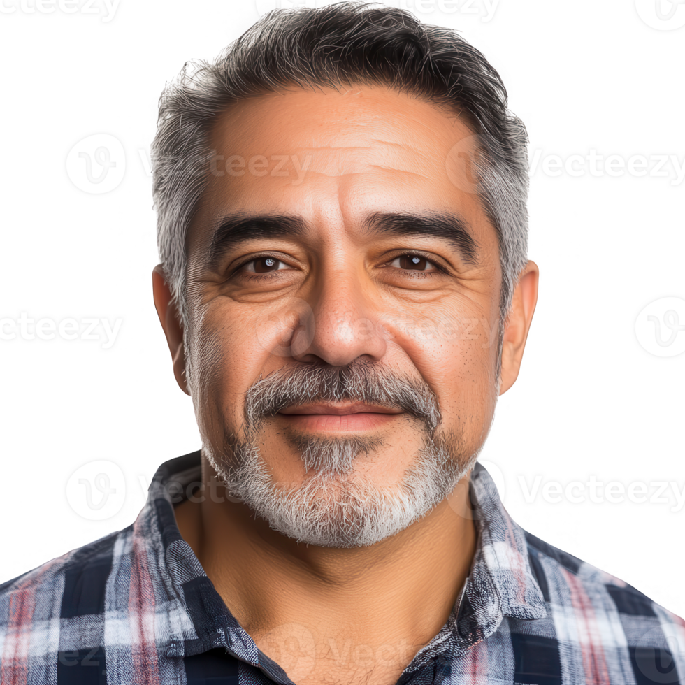 Smiling middle-aged man with a friendly expression, wearing a plaid shirt. png