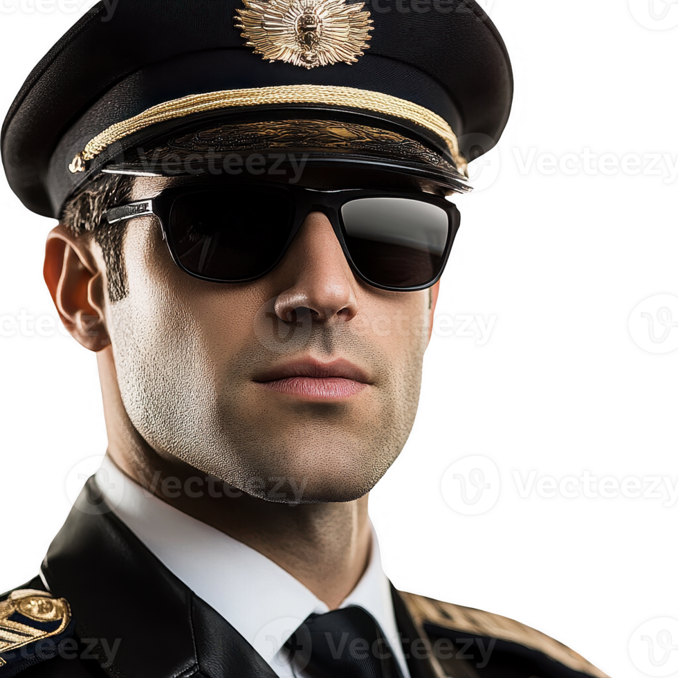 Confident man in uniform wearing sunglasses, embodying authority and professionalism. png