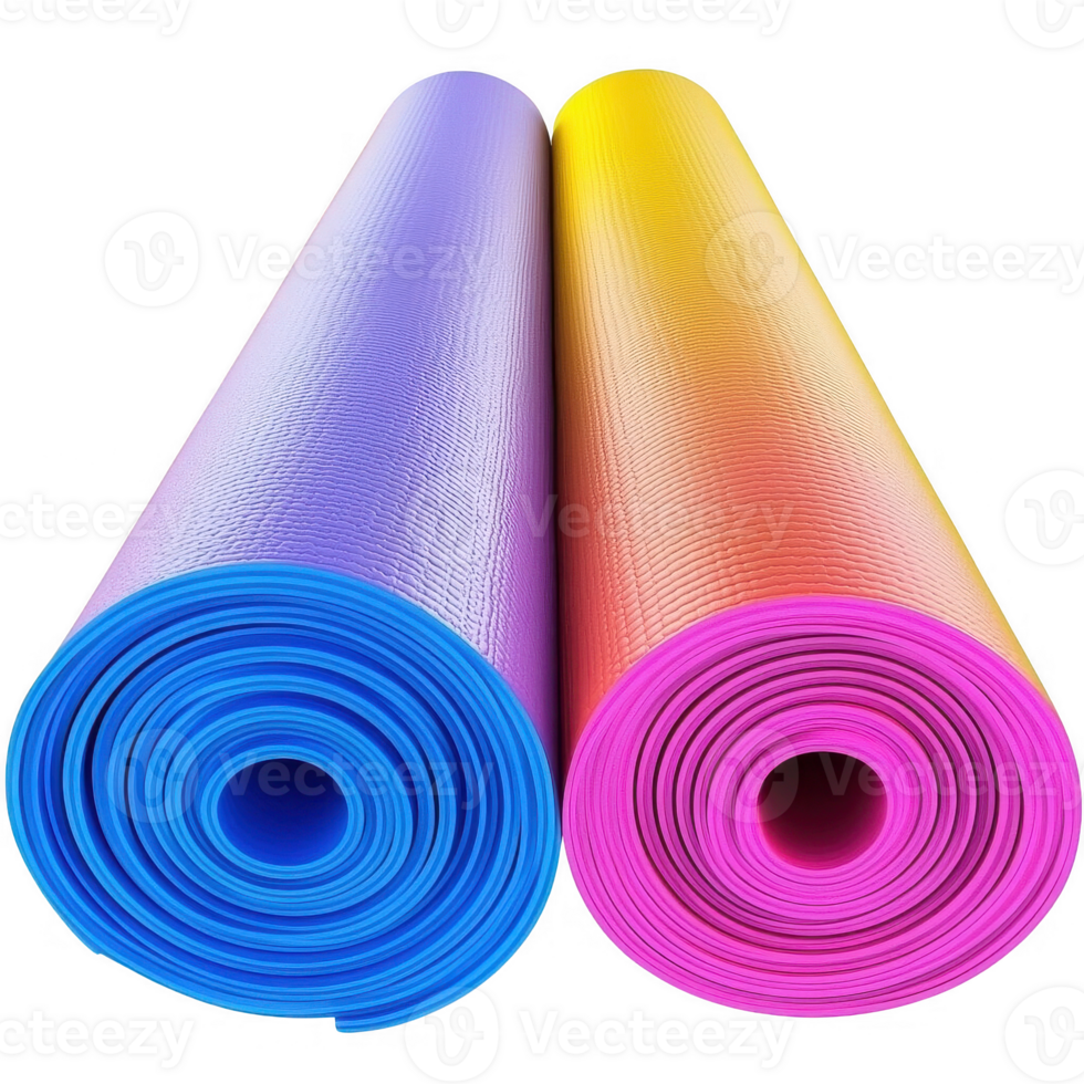 Colorful yoga mats rolled up, ready for practice, promoting healthy lifestyle choices. png