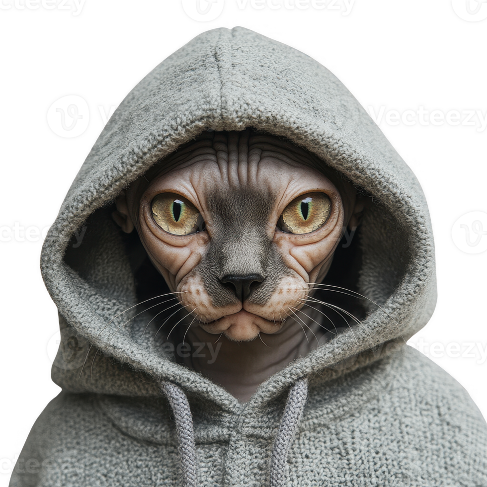A sphynx cat in a hooded sweatshirt, exuding a mysterious and intriguing vibe. png