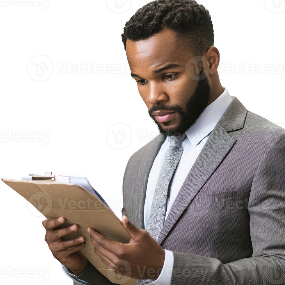 Businessman reviewing notes on a clipboard with a focused expression, dressed in formal attire. png
