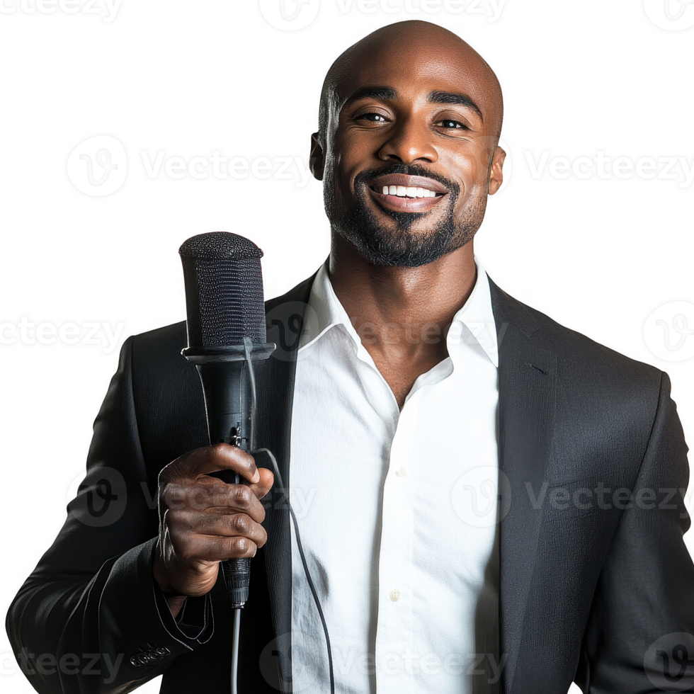 Confident man smiling while holding a microphone in a professional setting. png
