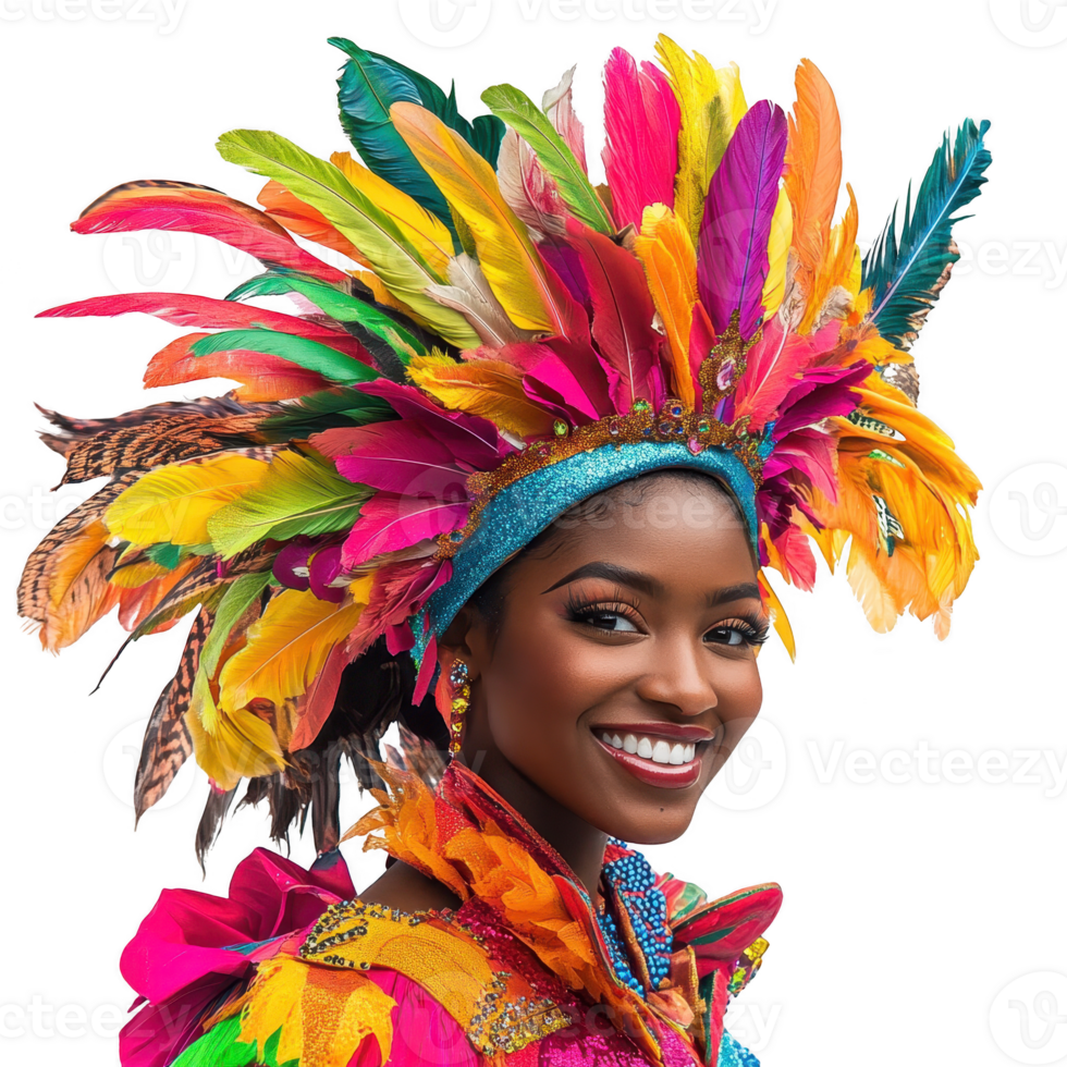 A vibrant celebration featuring a smiling woman in a colorful feathered headdress. png
