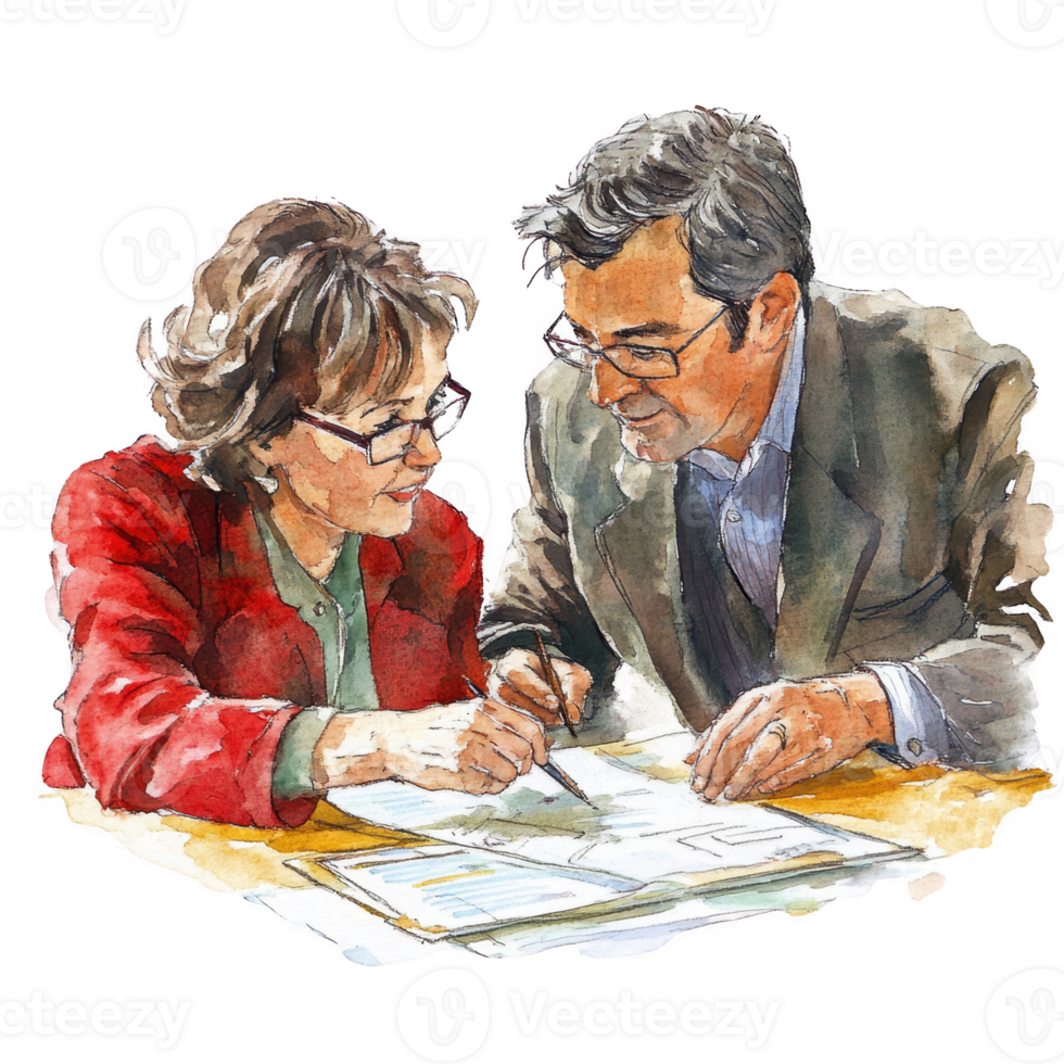 Two professionals collaborating on a project with focus and creativity. png